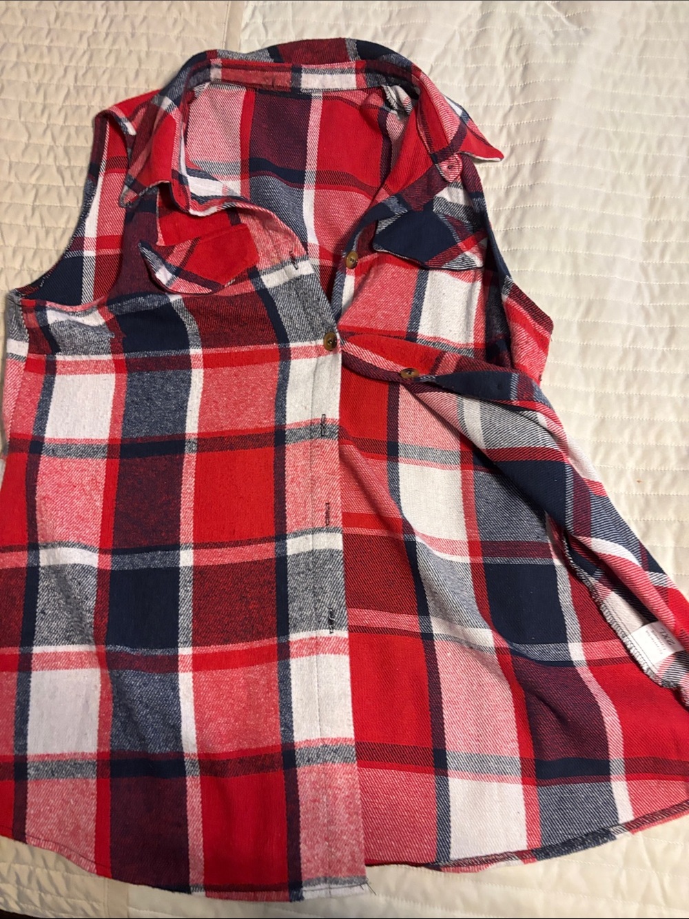 Source Unknown Red Navy and White Plaid Sleeveless Button-Up Vest